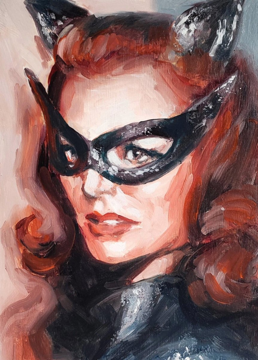 senojlas's tweet image. Three Catwomen from the 60's: 'On The PRRowl', 'Meow Sincerely', 'EaRRtha Kitt-en', oil on board, 21 x 15 cm, £120 each via @BobCat_Gallery bobcatgallery.co.uk/shop #fundraiser  @CatsProtection via #WorkforGood #catwomen #cats #superheroes #julienewmar #leemeriwether #earthakitt