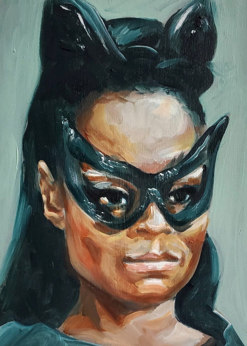 senojlas's tweet image. Three Catwomen from the 60's: 'On The PRRowl', 'Meow Sincerely', 'EaRRtha Kitt-en', oil on board, 21 x 15 cm, £120 each via @BobCat_Gallery bobcatgallery.co.uk/shop #fundraiser  @CatsProtection via #WorkforGood #catwomen #cats #superheroes #julienewmar #leemeriwether #earthakitt