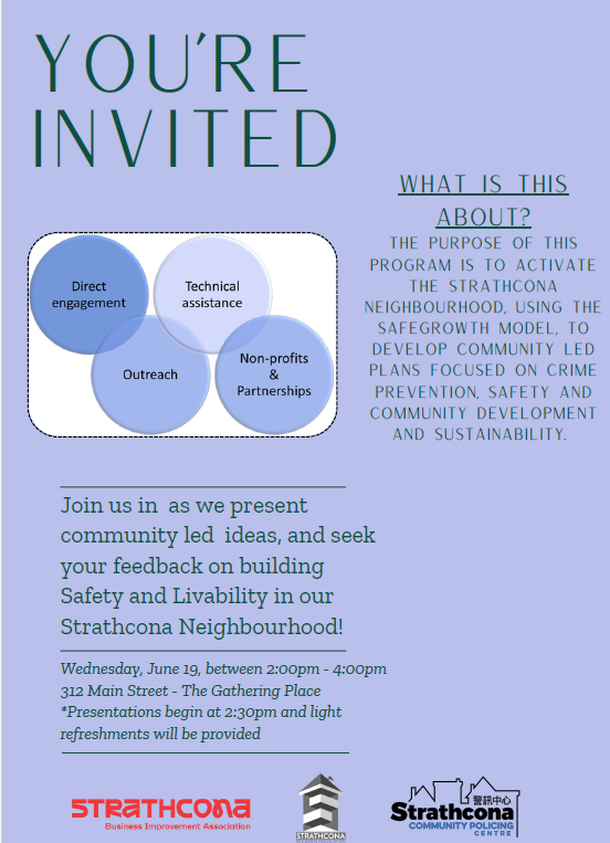 Join us next Wednesday, June 19, from 2-4 PM at 312 Main Street to learn about our Strathcona SafeGrowth projects and share your feedback. Everyone is welcome! #SafeGrowthinStrathcona #CommunitySafety #CommunityDevelopment