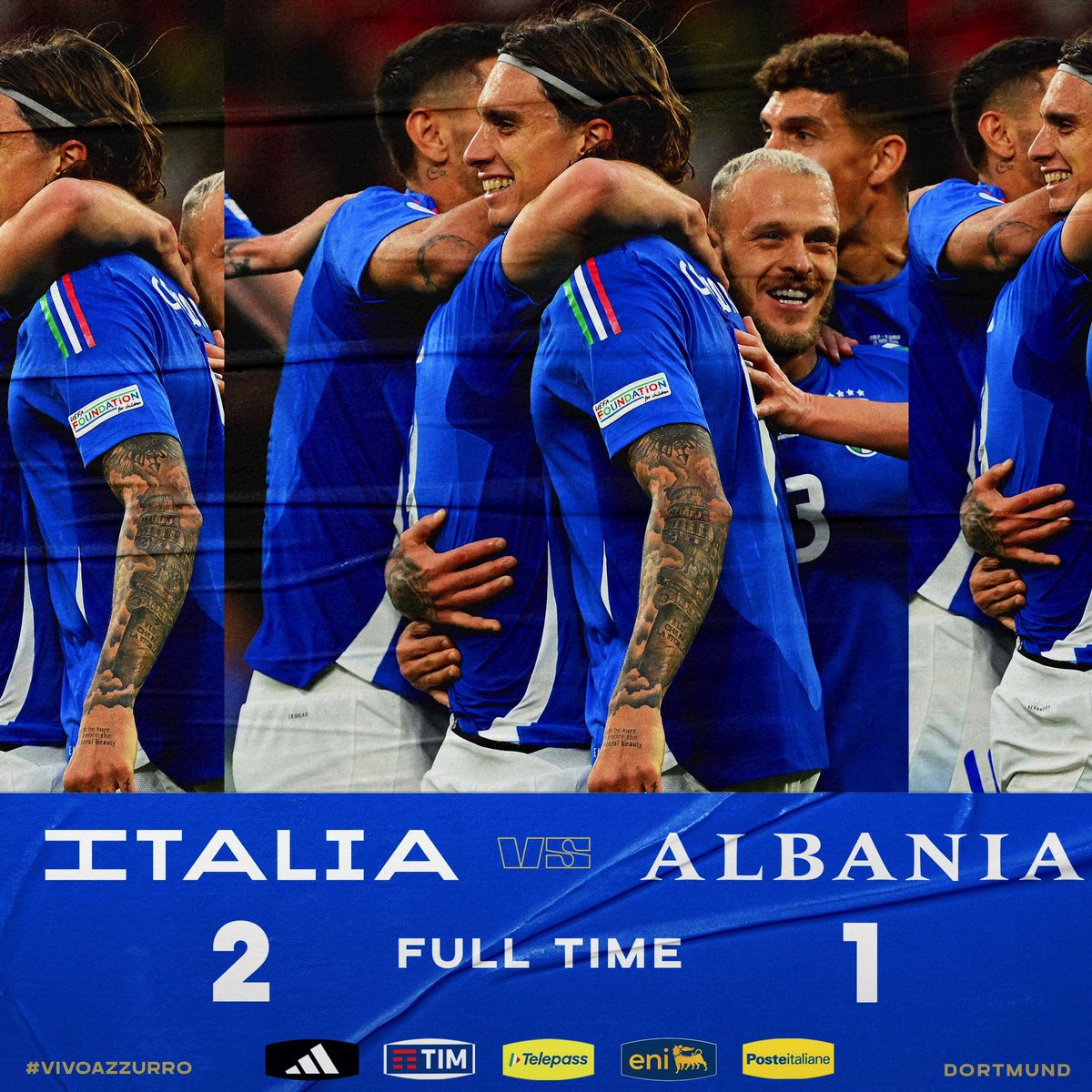 Azzurri's tweet photo. ⏱️ 𝐑𝐈𝐒𝐔𝐋𝐓𝐀𝐓𝐎 𝐅𝐈𝐍𝐀𝐋𝐄
🇮🇹🇦🇱 #ItaliaAlbania 2️⃣-1️⃣
1’ Bajrami; 11’ #Bastoni; 16’ #Barella
#EURO2024
#Nazionale #Azzurri #VivoAzzurro https://t.co/6bpKYPqnSW