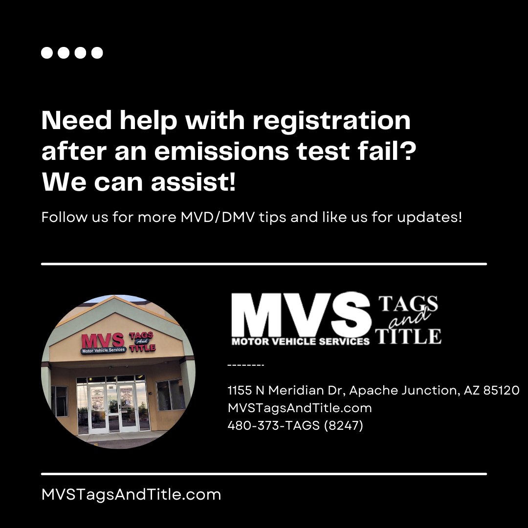 FinkLorene's tweet image. Need help with registration after an emissions test fail? We can assist!  Follow us for more MVD/DMV tips, and like us for updates!

#ArizonaEmissions #EmissionsTest #DMVHelp #CarRegistration #ApacheJunction #MVSTagsAndTitle