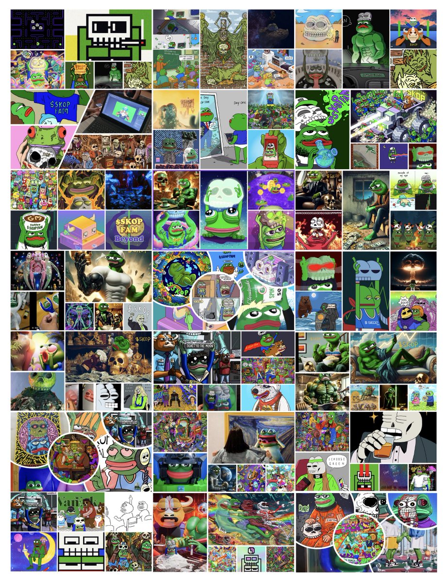 tim_blume's tweet photo. I am fascinated and overwhelmed by the creativity and talent of this amazing community. 

I think no further words are needed. Seeing this, I get the feeling that this could be the next big cultural coin on @Base. 

This is $SKOP 🐸💀

$BRETT $PEPE $APU $ANDY $BOBO $BUILD $ROOST https://t.co/WHP0Du7k5a