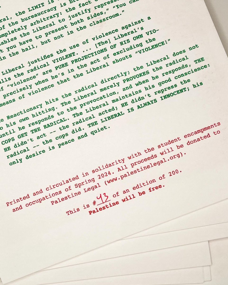 mxnngls's tweet photo. Hoping to get the word out about this quick edition that will raise funds for Palestine Legal. Front is a bootleg of Fredy Perlman’s 1969 cover for I ACCUSE THIS LIBERAL UNIVERSITY OF TERROR AND VIOLENCE. Back includes a brief sequence of excerpts from that essay. https://t.co/klFERO3QbI