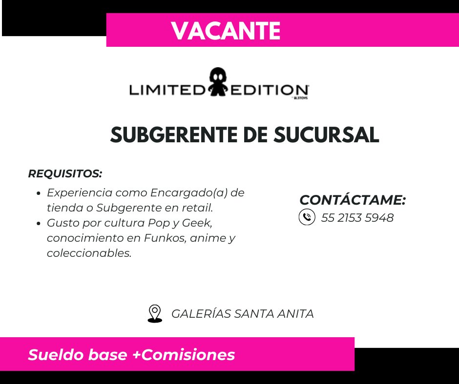 ItzelPS's tweet image. #ofertasdeempleo #OportunidadLaboral
📣Únete a la comercializadora de coleccionables más grande en #Mexico 📣
🎯 Buscamos tu talento para las vacantes de #gerente, #subgerente y #vendedor.
🤩 Si tienes gusto por la cultura Geek y Pop ¡Contáctame!
#tlajomulco #GaleriasSantaAnita