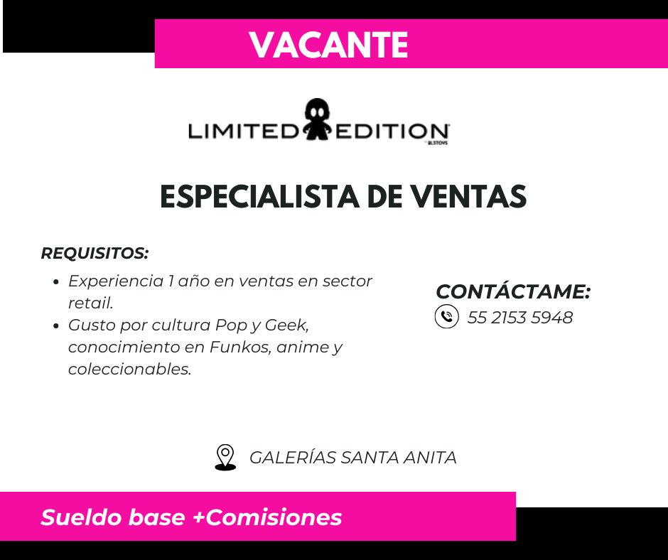 ItzelPS's tweet image. #ofertasdeempleo #OportunidadLaboral
📣Únete a la comercializadora de coleccionables más grande en #Mexico 📣
🎯 Buscamos tu talento para las vacantes de #gerente, #subgerente y #vendedor.
🤩 Si tienes gusto por la cultura Geek y Pop ¡Contáctame!
#tlajomulco #GaleriasSantaAnita