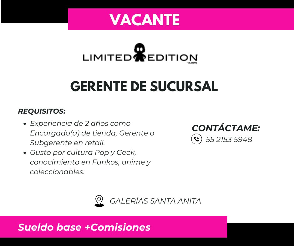 ItzelPS's tweet image. #ofertasdeempleo #OportunidadLaboral
📣Únete a la comercializadora de coleccionables más grande en #Mexico 📣
🎯 Buscamos tu talento para las vacantes de #gerente, #subgerente y #vendedor.
🤩 Si tienes gusto por la cultura Geek y Pop ¡Contáctame!
#tlajomulco #GaleriasSantaAnita