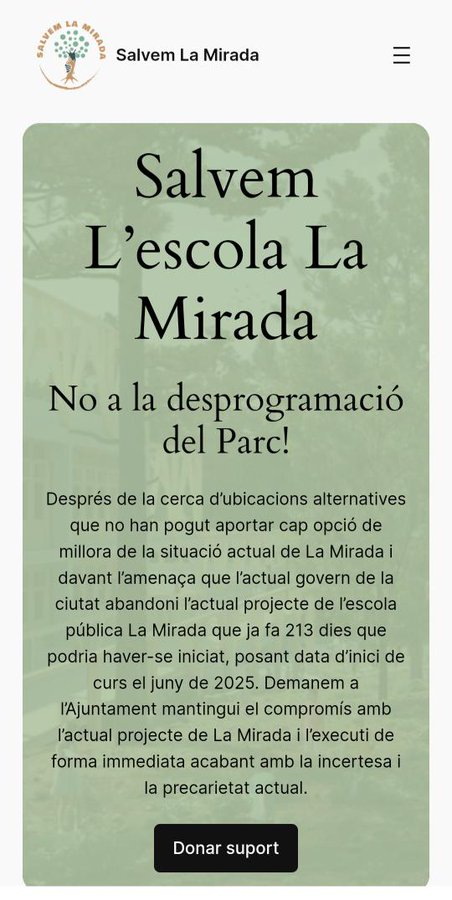 Aquest dilluns 17, l'ajuntament de Sant Cugat vol fer inviable la construcció del projecte de l'escola La Mirada.

Per evitar-ho hem engegat una recollida de signatures virtual. 
Ajuda'ns a defensar l'escola pública de qualitat 
Signa!
 salvemlamirada.cat/ajudans-a-salv…