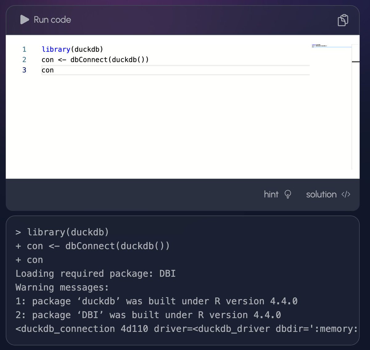 flrshdev's tweet image. 🦆{duckdb} has been built for WASM!! 

Package persistence with webR has (kind of) been figured out! Next providing hints, solutions!  

#rstats belongs in production