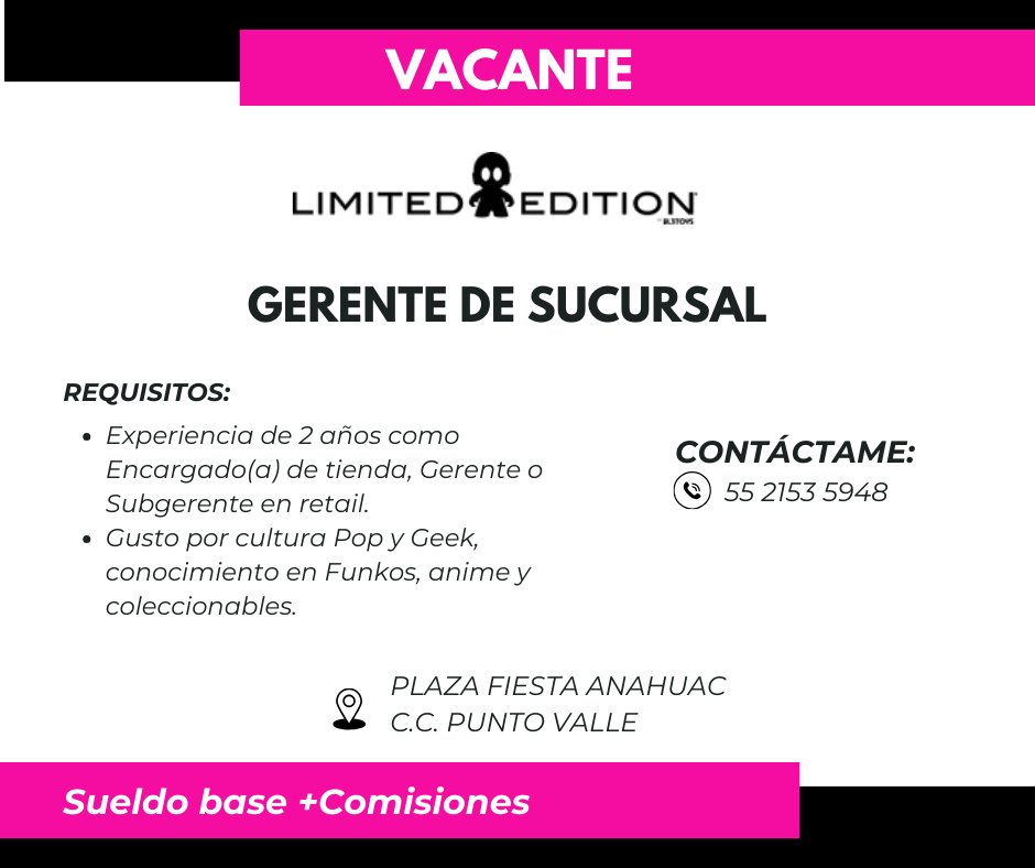 ItzelPS's tweet image. #ofertasdeempleo #OportunidadLaboral
📣Únete a la comercializadora de coleccionables más grande en #Mexico 📣
🎯 Buscamos tu talento para las vacantes de #gerente, #subgerente y #vendedor
🤩 Si tienes gusto por la cultura Geek y Pop ¡Contáctame!
#SanNicolásNL #plazafiestaanáhuac