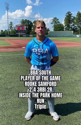 ⭐️Player of the Game⭐️

Rooke Samford(<a href="/RookeSamford/">Rooke Samford</a>):2-4 3RBI 2R Inside the park HR, Triple 
BBA South

 Sweeny HS |2025| TX
#uncommitted #2DHitting #2D2025 #2DTexas