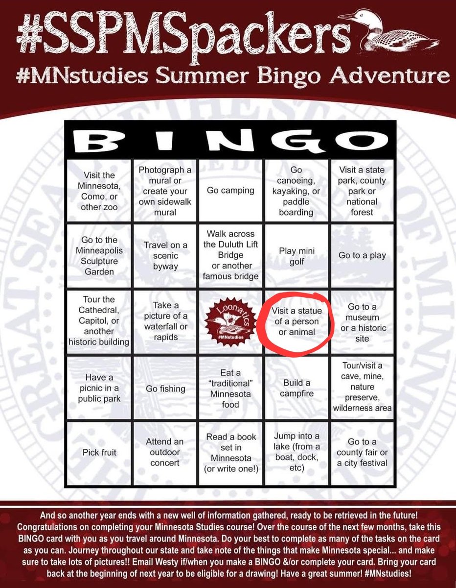 MarkJWestpfahl's tweet image. Visit a statue of a person or animal ✔️

Why not visit a statue of a person AND an animal!?! St. Urho the Grasshopper Vanquisher in Menahga, Minnesota. #SSPMSpackers #MNstudies Summer Bingo
