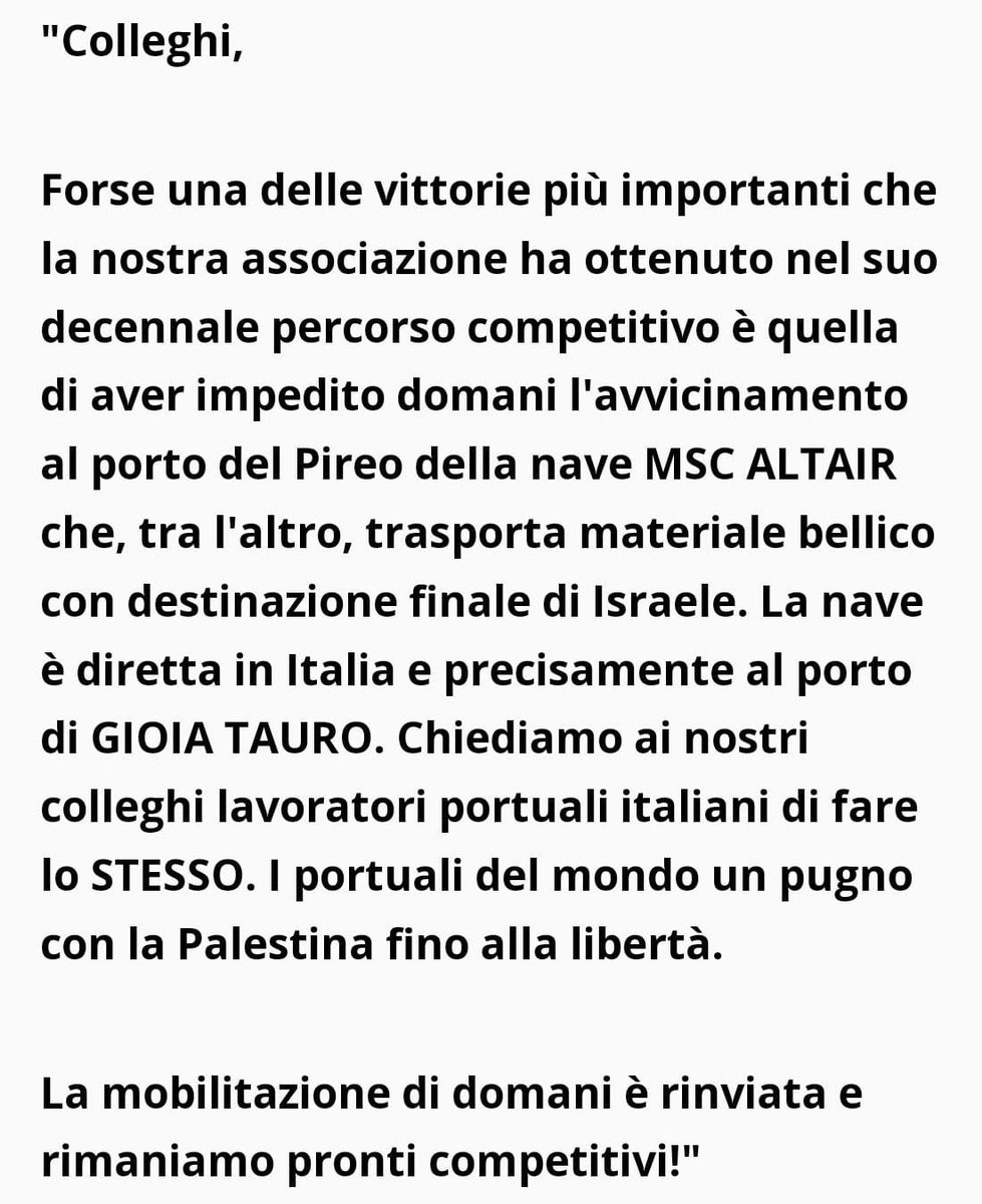 NclvnclPCR's tweet photo. Di seguito vi pubblico il loro comunicato. I portuali greci non sono nuovi a questo tipo di azioni, si sono già mobilitati per la guerra tra Ucraina e Russia, sempre boicottando l’invio di armi. Grandissimi, compagni! https://t.co/K7BYLMTDzj