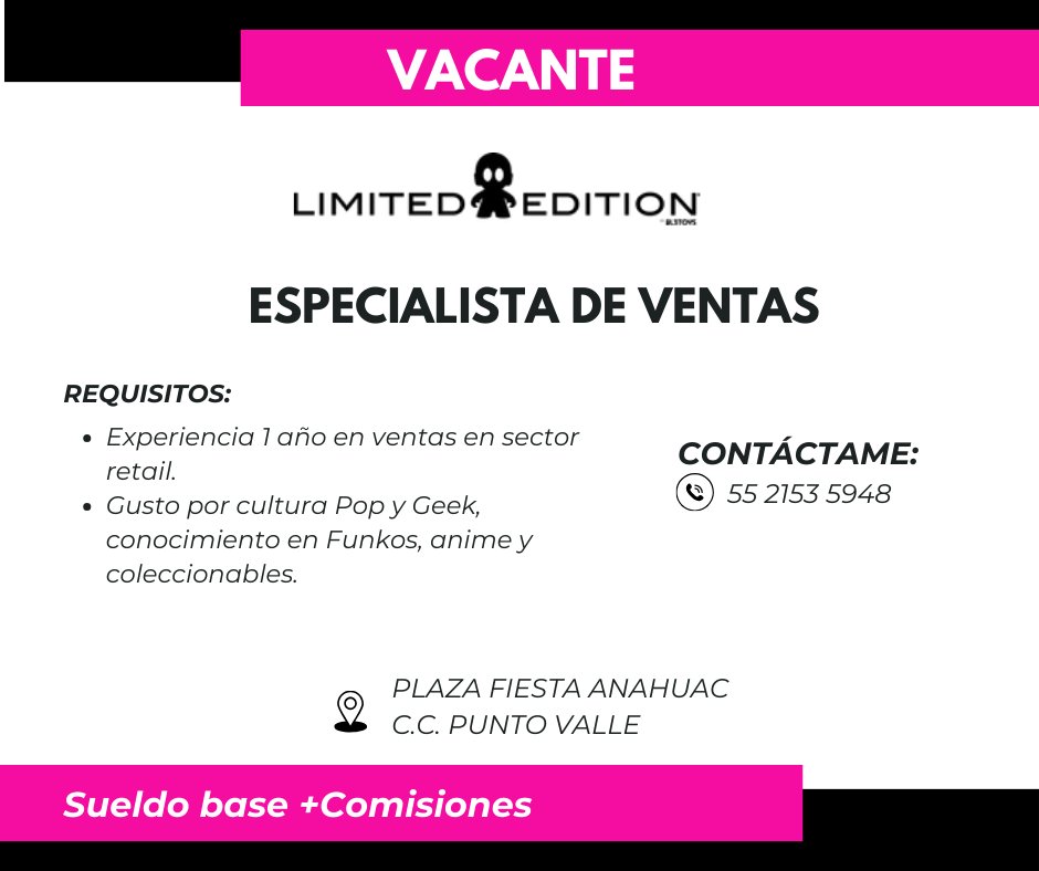 ItzelPS's tweet image. #ofertasdeempleo #OportunidadLaboral
📣Únete a la comercializadora de coleccionables más grande en #Mexico 📣
🎯 Buscamos tu talento para las vacantes de #gerente, #subgerente y #vendedor
🤩 Si tienes gusto por la cultura Geek y Pop ¡Contáctame!
#SanNicolásNL #plazafiestaanáhuac