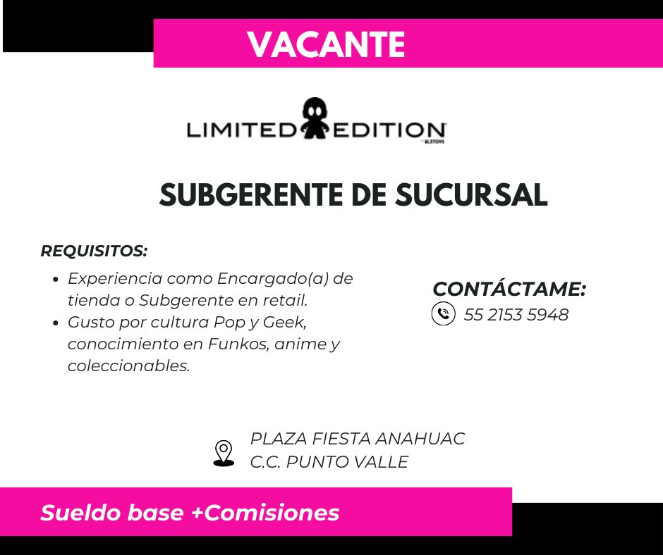 ItzelPS's tweet image. #ofertasdeempleo #OportunidadLaboral
📣Únete a la comercializadora de coleccionables más grande en #Mexico 📣
🎯 Buscamos tu talento para las vacantes de #gerente, #subgerente y #vendedor
🤩 Si tienes gusto por la cultura Geek y Pop ¡Contáctame!
#SanNicolásNL #plazafiestaanáhuac