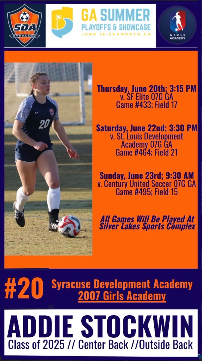 Headed To The GA Summer Playoffs &amp; Showcase! Cannot Wait To Finish The Season Strong In Cali!💪☀️

<a href="/SyracuseDA/">SyracuseDA</a> 
<a href="/ImYouthSoccer/">ECNL/GA/Recruiting/College Soccer</a> 
<a href="/ImCollegeSoccer/">College Soccer Truth ™</a> 
<a href="/GAcademyLeague/">Girls Academy</a> 
<a href="/TheSoccerWire/">SoccerWire</a>