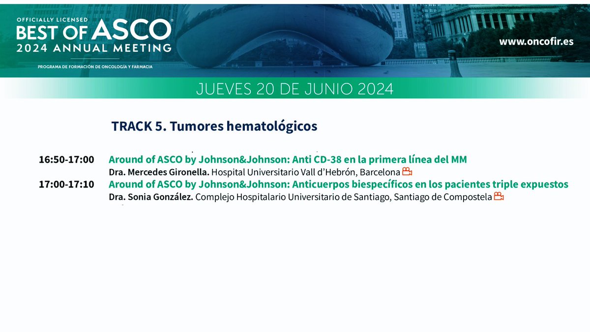 oncofir's tweet photo. #BestofASCO2024® Oncología y Farmacia se celebra los días 19 ʏ 20 ᴊᴜɴɪᴏ 

Disfrutarás  de interesantes sesiones 𝟭𝟬𝟬% 𝙊𝙣𝙡𝙞𝙣𝙚 como: TRACK 5 #TumoresHematológicos 

☝🏻Te has inscrito ya para no perdértelo? 🤔 ✍🏻 https://t.co/GAEutLs6d6

👉🏻Around of #ASCO patrocinado por:
💢 Johnson&Johnson @JNJInnovMedES 

✅ “𝐴𝑛𝑡𝑖 𝐶𝐷-38 𝑒𝑛 𝑙𝑎 𝑝𝑟𝑖𝑚𝑒𝑟𝑎 𝑙í𝑛𝑒𝑎 𝑑𝑒𝑙 𝑀𝑀”
👩‍⚕️ 𝗗𝗿𝗮. 𝗠𝗲𝗿𝗰𝗲𝗱𝗲𝘀 𝗚𝗶𝗿𝗼𝗻𝗲𝗹𝗹𝗮 @mgironella 🎥 
🏥 Hospital Universitario @vallhebron Barcelona 

✅ “𝐴𝑛𝑡𝑖𝑐𝑢𝑒𝑟𝑝𝑜𝑠 𝑏𝑖𝑒𝑠𝑝𝑒𝑐í𝑓𝑖𝑐𝑜𝑠 𝑒𝑛 𝑙𝑜𝑠 𝑝𝑎𝑐𝑖𝑒𝑛𝑡𝑒𝑠 𝑡𝑟𝑖𝑝𝑙𝑒 𝑒𝑥𝑝𝑢𝑒𝑠𝑡𝑜𝑠”
👩‍⚕️ 𝗗𝗿𝗮. 𝗦𝗼𝗻𝗶𝗮 𝗚𝗼𝗻𝘇á𝗹𝗲𝘇 🎥
🏥 Complejo Hospitalario Universitario de Santiago, Santiago de Compostela.

TE ESPERAMOS EN #Streaming! 

🌐 https://t.co/4EljPhwbyu