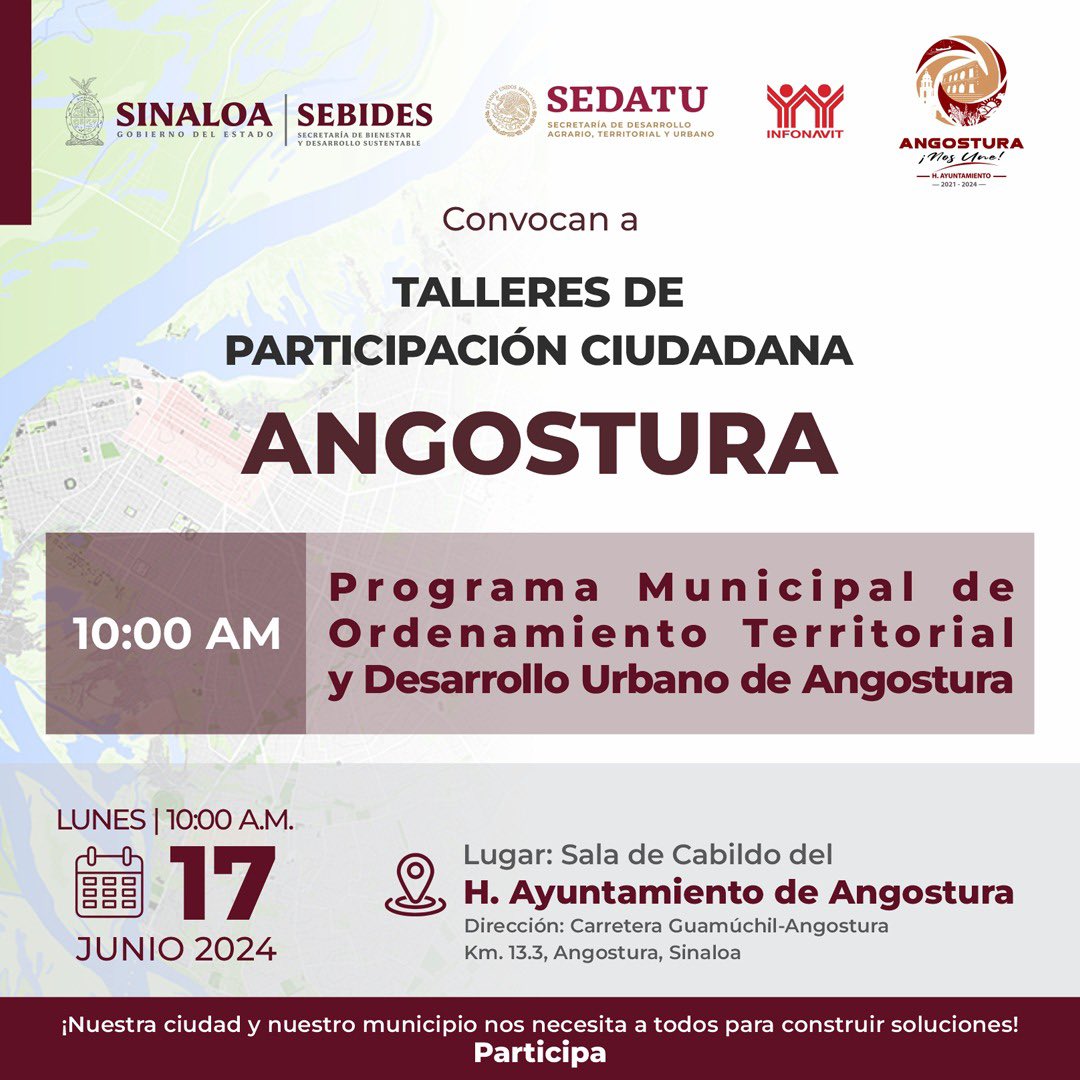 📢 ¡𝑨𝒕𝒆𝒏𝒄𝒊𝒐́𝒏 𝑨𝒏𝒈𝒐𝒔𝒕𝒖𝒓𝒂! A toda la población de #Angostura les invitamos a participar en el taller de participación ciudadana denominado "Programa Municipal de Ordenamiento Territorial y Desarrollo Urbano de Angostura".

𝐌𝐚𝐲𝐨𝐫 𝐢𝐧𝐟𝐨𝐫𝐦𝐚𝐜𝐢𝐨́𝐧 ⬇️