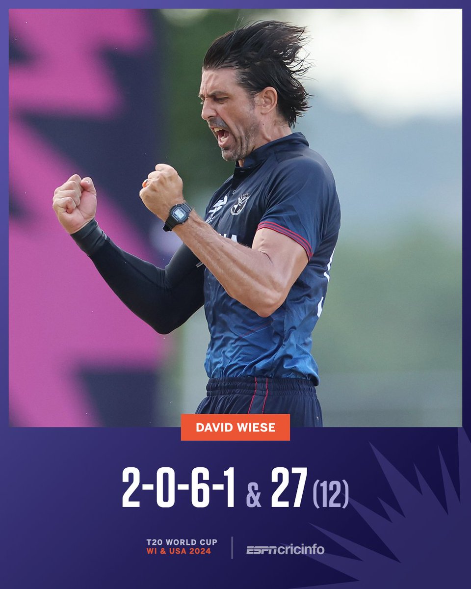 cricinfo's tweet photo. In his final international match for Namibia, David Wiese went out with a bang ๐ฅ
#NAMvENG #T20WorldCup https://t.co/ICgyhx2LC7