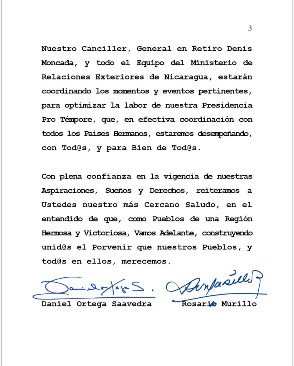 🇳🇮 Carta enviada por el Gobierno de #Nicaragua a la Presidencia Pro Témpore del <a href="/sg_sica/">SICA - Sistema de la Integración Centroamericana</a> (SICA), actualmente a cargo de #Honduras, en la Persona de la Presidenta, <a href="/XiomaraCastroZ/">Xiomara Castro de Zelaya</a>, y del Canciller, Compañero Eduardo Enrique Reina.