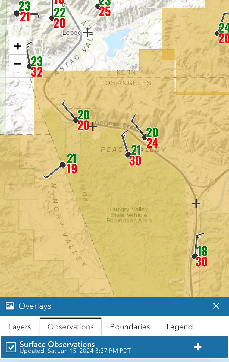 The #postfire is in a precarious spot. High wind warning in effect. RH (green) near 20%. Wind gusts (red) 20-30+ mph and will increase. And two years of rain-driven huge grass/brush fuel load. Many ground and aerial resources on it, but that’s a tough fight.