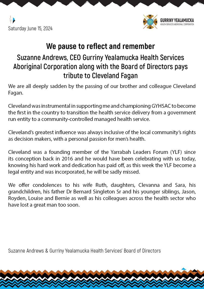 Gurriny Yealamucka Health Services’ CEO Suzanne Andrews on behalf of all staff and the GYHSAC Board acknowledge and respectfully pay tribute to Cleveland Fagan, who unexpectedly passed away on June 10, 2024.

Please read the full statement below.