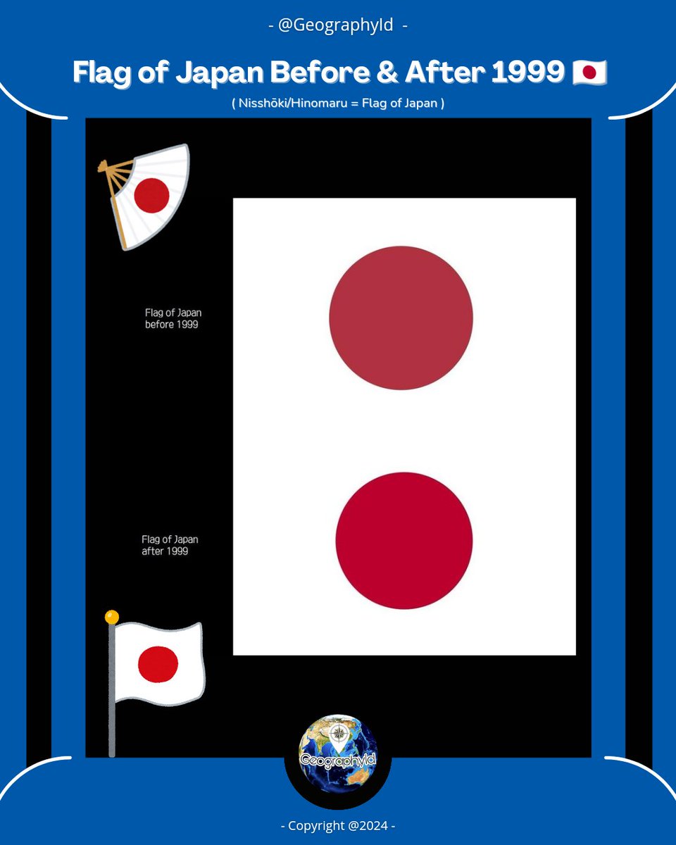 Geography_Id's tweet image. Flag of Japan Before &amp;amp; After 1999 🇯🇵

Follow for More @Geography_Id
・🌏 #GeographyId
. 
🌐Source : en.m.wikipedia.org/wiki/List_of_J…

#geographydotid #flaghistory #nisshōki #hinomaru #japanflag #japaneseflag #japanhistory #japanhistorics #nihon #japanese #japanstyle #empireofjapan