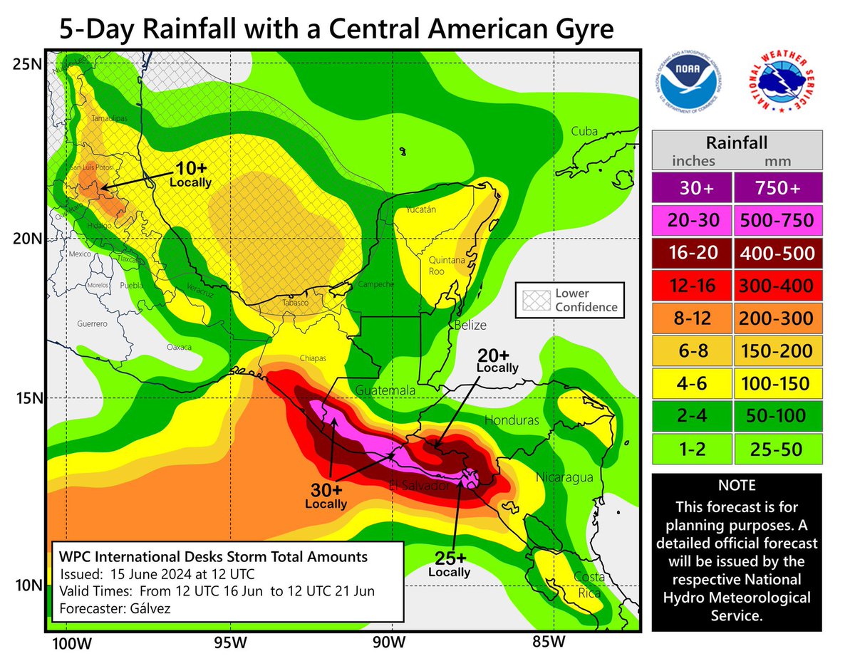 HuracanInfoCo's tweet image. 🚨‼️Pendientes‼️Compartimos gráfica del @NWS donde se visualiza muy bien las expectativas de lluvia 🌧️ acumulada hasta el jueves. 

Estimados máximos de sobre 700mm se pueden registrar en El Salvador 🇸🇻, Guatemala 🇬🇹y Chiapas, México 🇲🇽. 

Atentos también en el sur de Honduras…