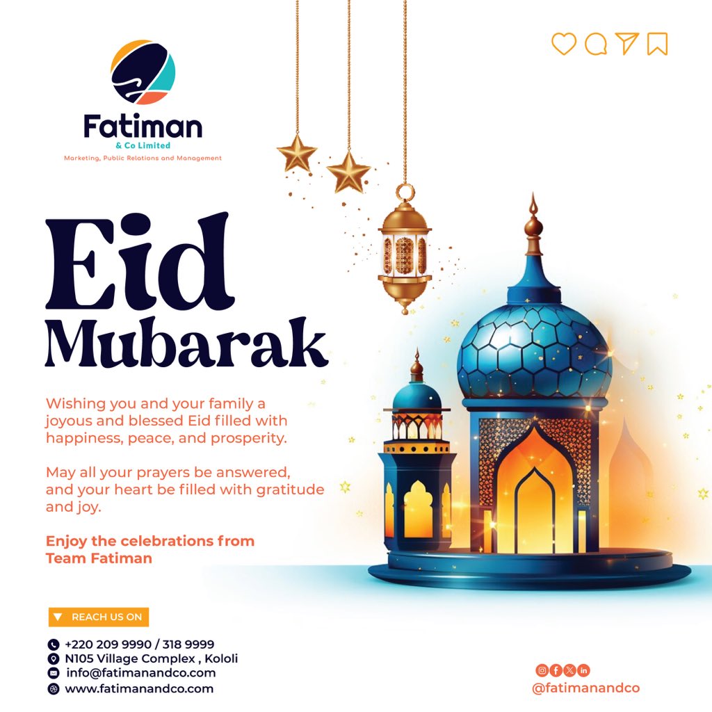 Eid Mubarak from Fatiman &amp; Co! Wishing you a joyous and blessed celebration filled with peace, happiness, and prosperity.

#Fatimanandco #EidMubarak #Eid2024 #Eid #socialmediamanagement #Publicrelations #MakingBrandsBetter