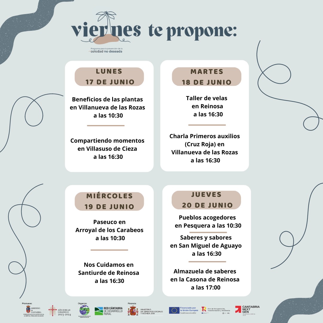 📢 Programación #Viernes semana del 17 al 20 de junio. Más información en programaviernes.com y consultas en el 772.142.973. #SoledadNoDeseada #Prevención #Comunidad #CampooLosValles #Cantabria