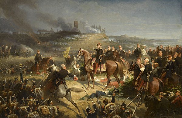 MilHistNow's tweet photo. On this day in 1859, France's Napoleon III and Sardinian King Victor Emmanuel II defeat the Austrian emperor Franz Joseph I at Solferino. It's the last battle in history in which all the armies are commanded by sitting monarchs. https://t.co/xW2FK7N6BG