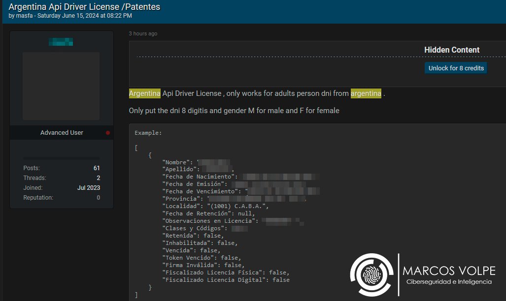 Msvolpe_'s tweet image. 🔴Nueva publicación en foro de la deepweb sobre supuesta API funcional para la obtención de información relacionada a licencias de conducir y patentes de ciudadanos argentinos.

#databreach #APILeaks #Cyberintelligence #Cybersecurity