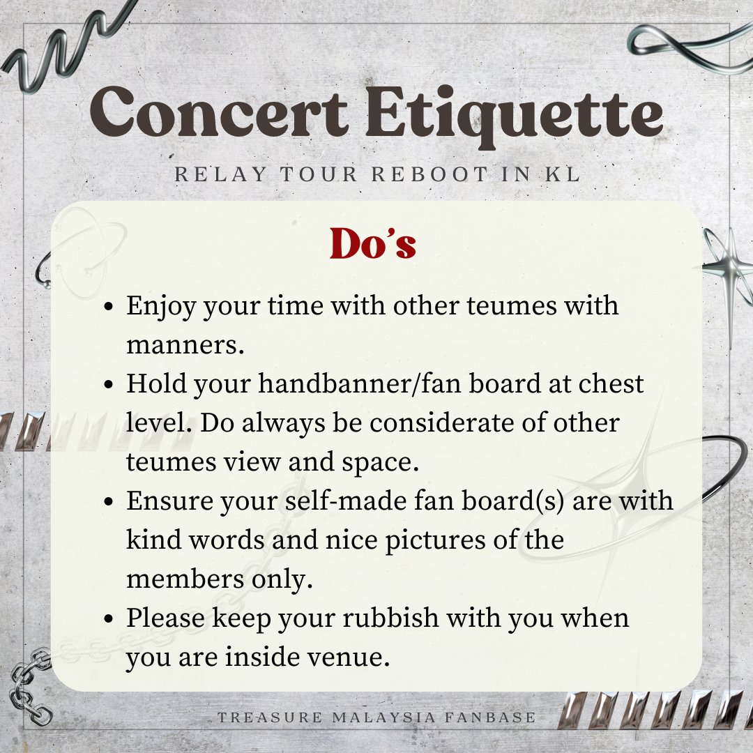 YG_TREASUREMY's tweet photo. [RELAY TOUR IN KL]

𝗗-𝟲

💎 DO's and DON'Ts during the concert.
💎 Simply respect everyone's around you, be kind and enjoy~

#TREASURE 
#REBOOTinKL https://t.co/sbdXgbRbz8