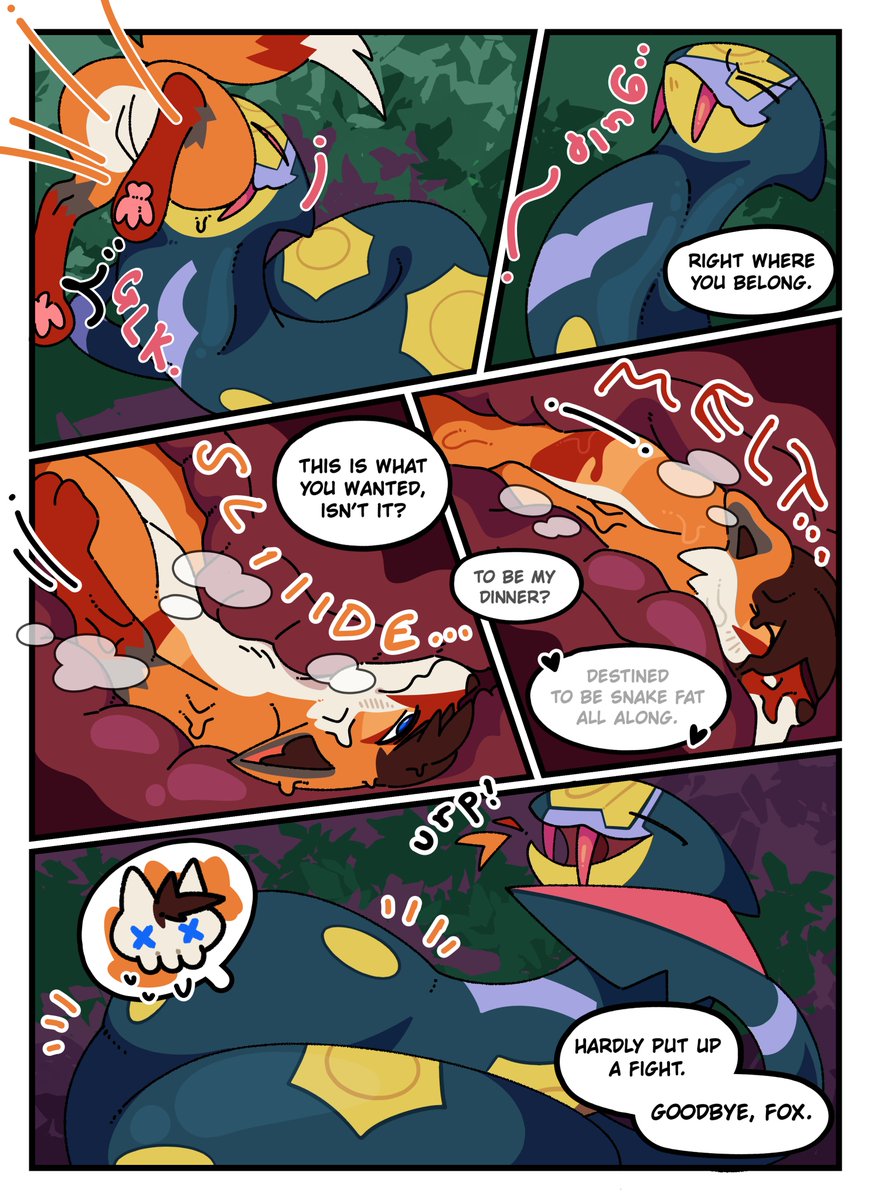 Feroxdoon92's tweet photo. Ferox couldn't help but watch as Seviper made a meal of his friends, coiling around the engrossed fox. 

He knew Sevipers words rang true as he was gulped down. He DID want to be snake fat. A few gurgles later, his wish was granted!

Amazing first time comic by @BATRUSE !!! https://t.co/L6v3ohLgwS