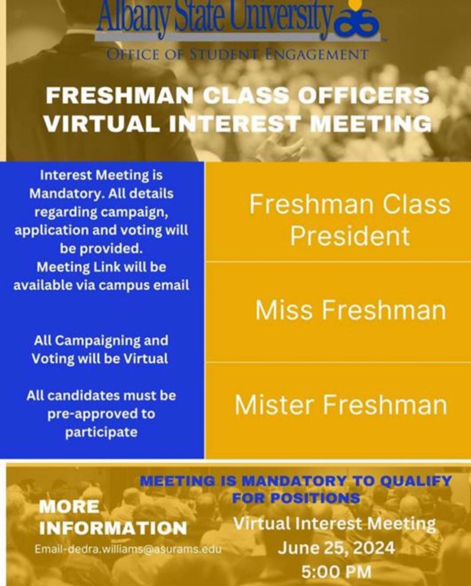 Good evening! All incoming Freshmen to ASU, here’s your chance to lead and serve your class! 

For information, please message us via inbox or email Mrs. Dedra Williams, Dean of Student Development.