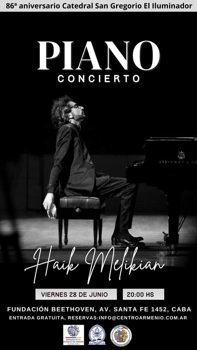 El gran pianista y compositor armenio Haik Melikian en Argentina. Viernes 28/6 a las 20, en la Fundación Beethoven. Entrada gratuita con reserva previa a info@centroarmenio.com.ar (hasta dos por persona, indicando nombre, apellido y contacto). Se priorizará por orden de recepción