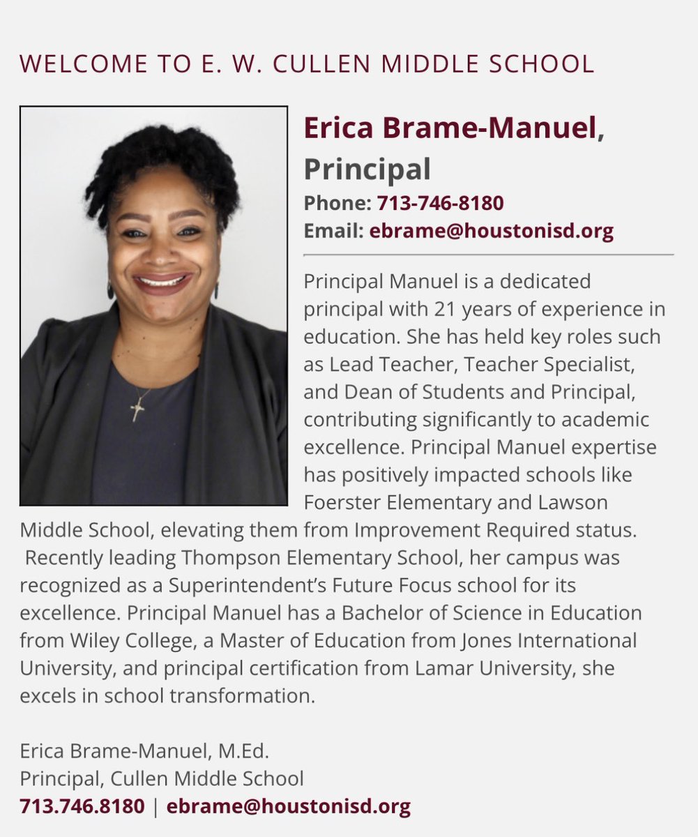 Cullen_Bobcats's tweet image. Let’s welcome our new fearless leader, Principal Manuel. She is looking forward to leading the work during the 24-25 school year.