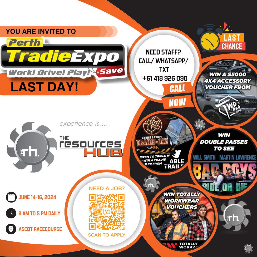 TheResourcesHub's tweet photo. 🎉 Final day at #PerthTradieExpo and #RecruitWA! It's your last chance to engage with industry leaders and take your career to the next level. Stop by before it’s too late! #LastCall #THErh @TheResourcesHub https://t.co/gVkxhcedhA