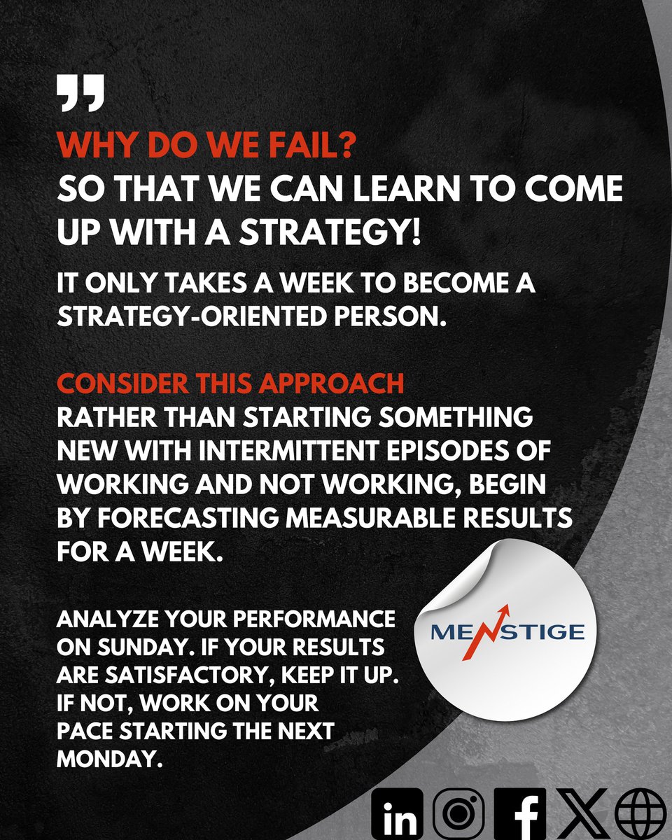 menstige's tweet photo. Why do we fail? So that we can learn to come up with a strategy!
It only takes a week to become a strategy-oriented person. 
Consider this approach: rather than starting something new with intermittent episodes of working and not working, begin by forecasting measurable results. https://t.co/tdSUpetBE6
