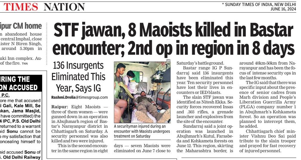 One #STF jawan, eight #Maoists killed in an encounter <a href="/NarayanpurDist/">Narayanpur</a> in #Bastar #Chhattisgarh. <a href="/TOIIndiaNews/">TOI India</a> reports..
