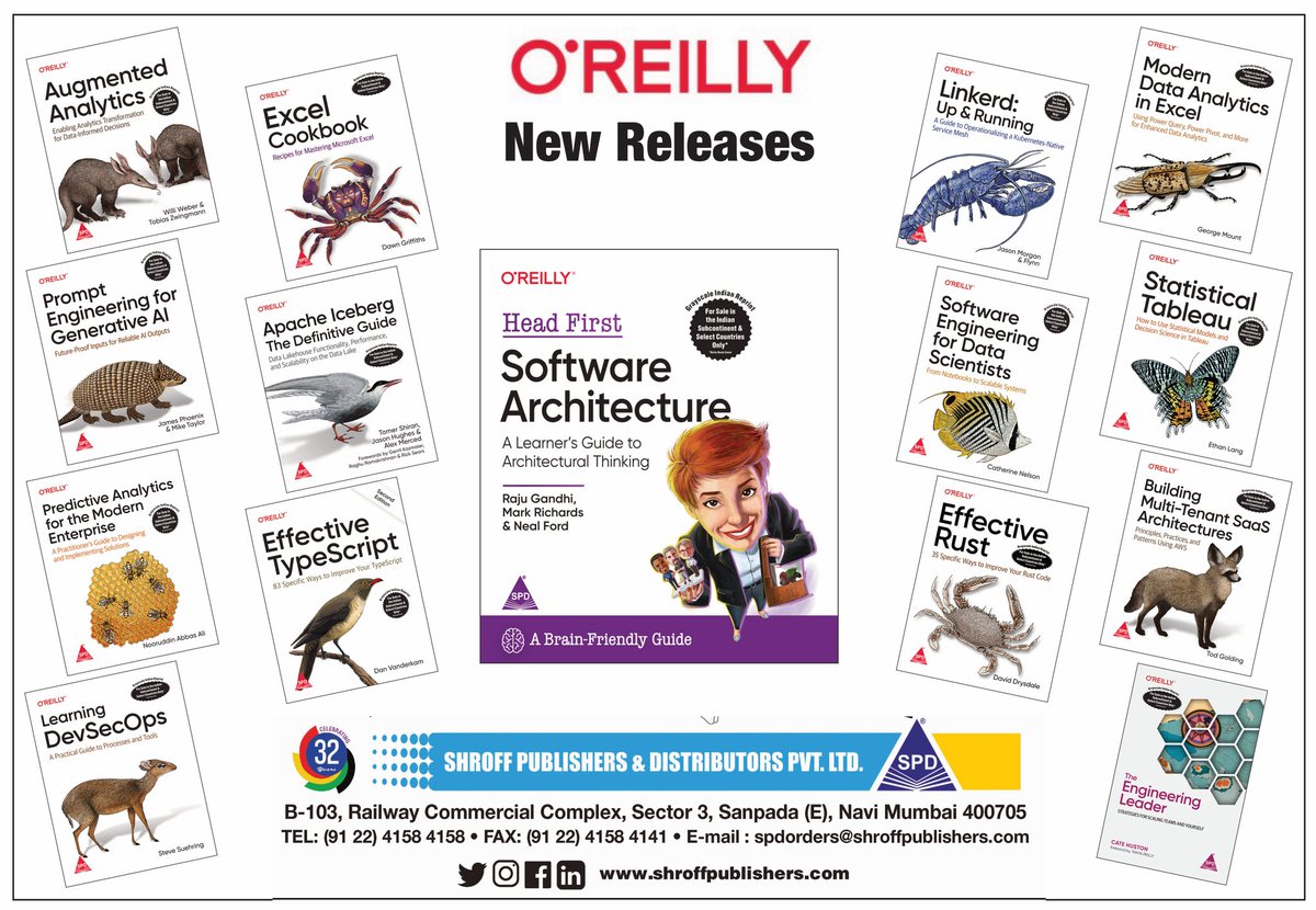 OReilly New Releases!!!
Order directly from us and avail attractive discounts with free shipping 
shroffpublishers.com/newarrivals
#softwarearchitecture #rustlang
#linknerd #devsecops #typescript #predictiveanalytics #microsoftexcel #dataanalytics #dataanalytics📊 #shroffpublishers