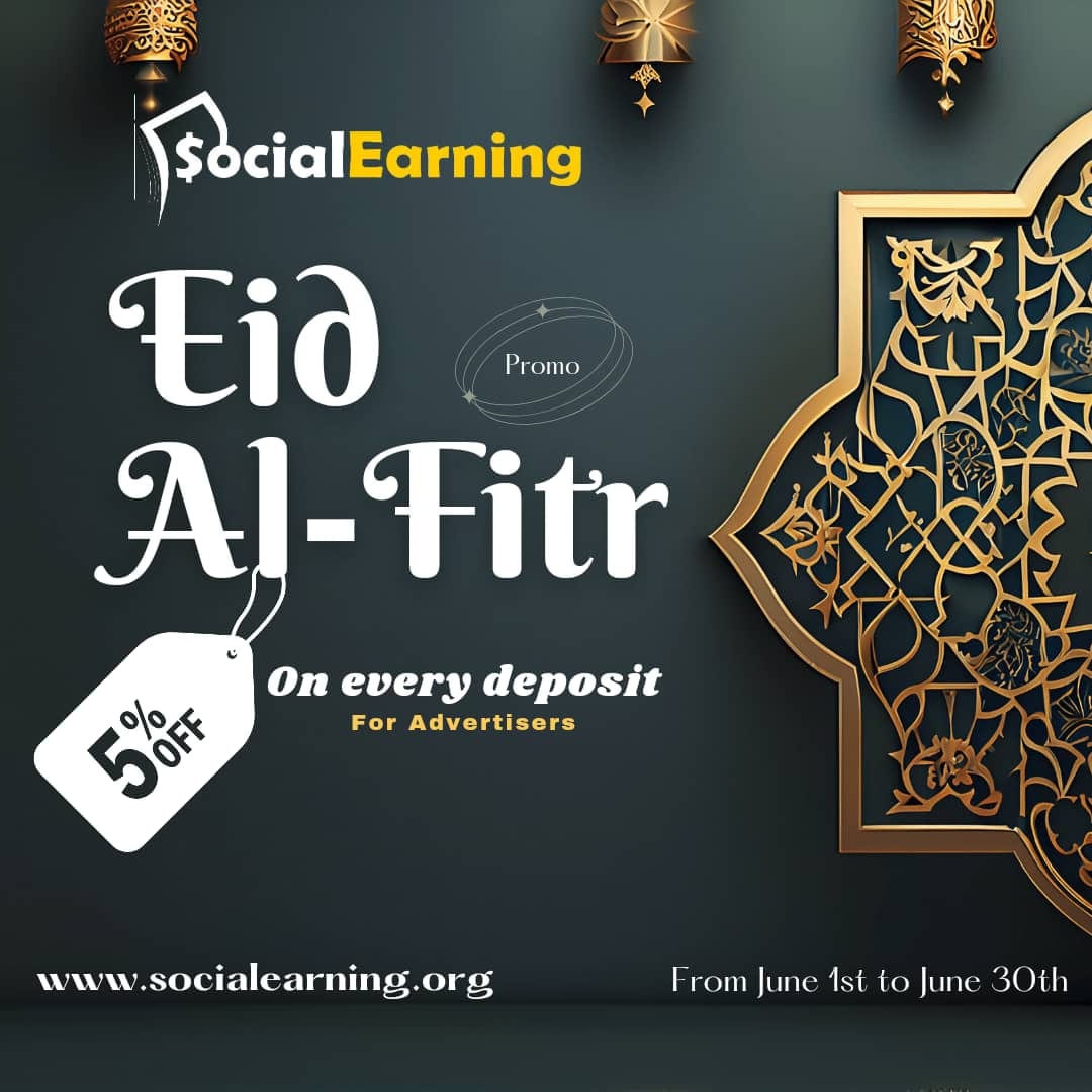 Social_Earning's tweet image. Celebrate Eid with SocialEarning! Get 5% bonus on deposits & 600 Naira referral bonus for the entire month of June!
Visit socialearning.org to get started.
#EidMubarak #SocialEarning #CelebrateAndEarn #BonusMonth #ReferralBonus #HappyEarning #CommunityCelebration