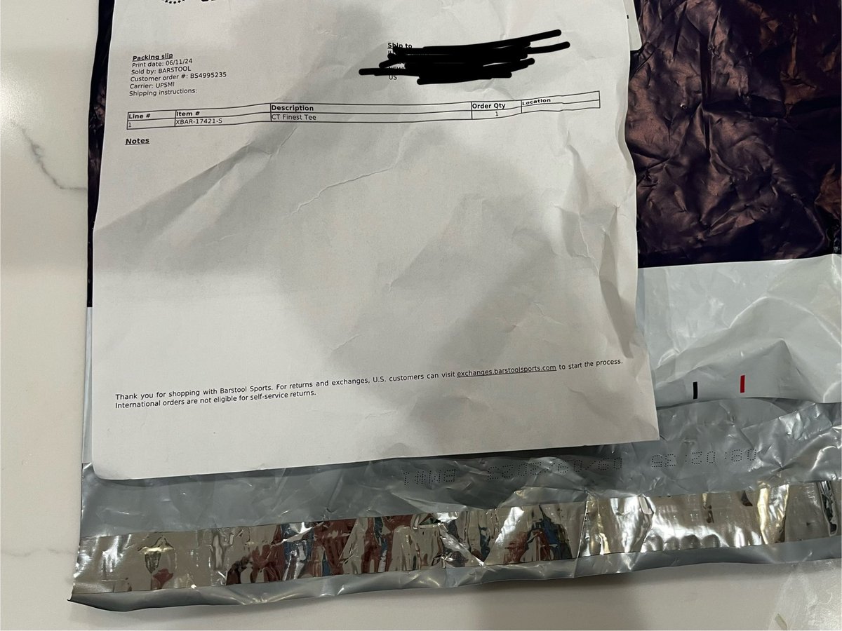 JDavis843's tweet photo. @stoolpresidente @barstoolsports Pres. I ordered a CT state trooper T shirt and all I got was an empty bag without the tape strip pulled off. Looks like someone threw a shirt in a bag in a hurry and didn’t seal it. Hoping you can make it right. Thanks https://t.co/cddaNdCJ4P