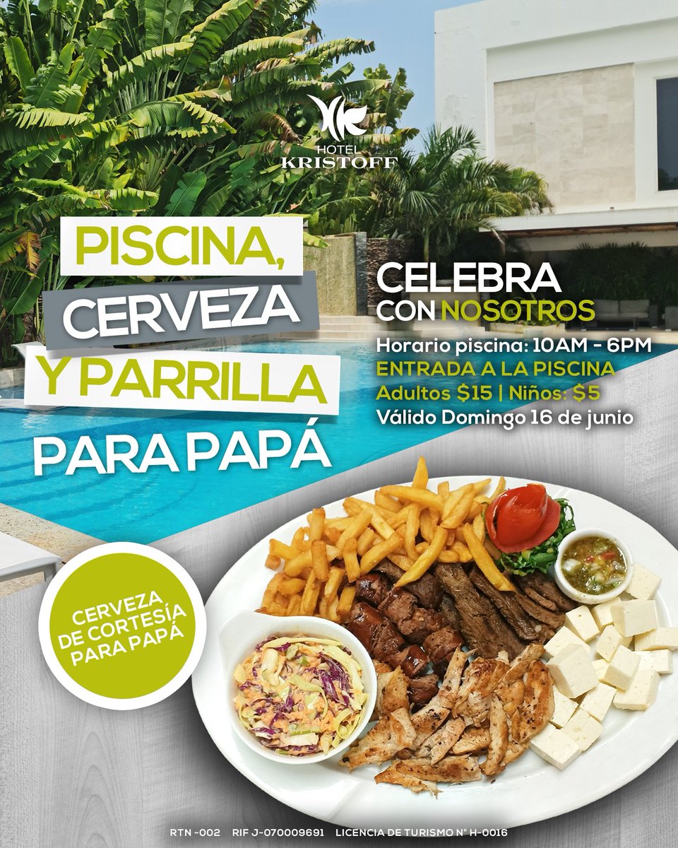 HotelKristoff's tweet photo. Papá celebra con cerveza, parrilla y piscina! En el Kristoff 💚 Con la entrada a la piscina, le obsequiamos una cerveza a papá 🍺

Además tendremos un domingo especial de parrillas 🙌🏼 

*El precio de la entrada incluye una cerveza. La parrilla es adicional.

#DíaDelPadre #Mcbo https://t.co/fcfpxQpItc