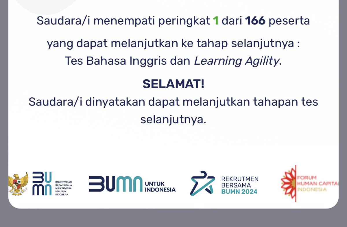 ditaaaarang's tweet image. Kepada Yth. Tim Rekrutmen Bersama BUMN 2024, @erickthohir 

Saya ingin menyampaikan kekecewaan saya terkait hasil seleksi yang baru saja diumumkan. Sebagai informasi, saya telah lolos tes pertama dgn peringkat 1 dan berhasil melewati tes kedua dengan nilai yang cukup memuaskan.