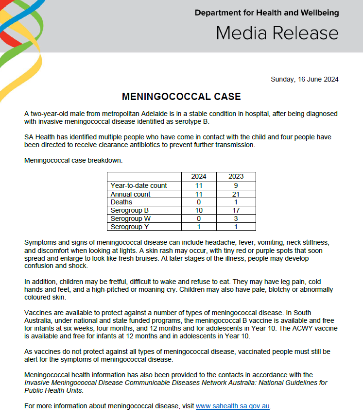 HEALTH ALERT: Meningococcal case - 16 June 2024