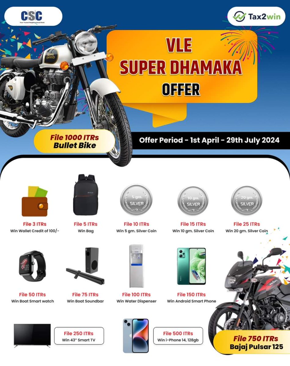 CSC Himachal (@cschimachal) on Twitter photo VLE Super Dhamaka Offer...
File ITR for FY 2023-24 & WIN Exciting Prizes.
Contest Valid till 29th July, 2024...
For any queries, call us at 14599 or write to helpdesk@csc.gov.in
#IncomeTax #FinancialInclusion #ITRFiling #CSC #Tax2Win #CSCFinance #DigitalIndia #VLEDhamakaOffer VLE Super Dhamaka Offer...
File ITR for FY 2023-24 & WIN Exciting Prizes.
Contest Valid till 29th July, 2024...
For any queries, call us at 14599 or write to helpdesk@csc.gov.in
#IncomeTax #FinancialInclusion #ITRFiling #CSC #Tax2Win #CSCFinance #DigitalIndia #VLEDhamakaOffer