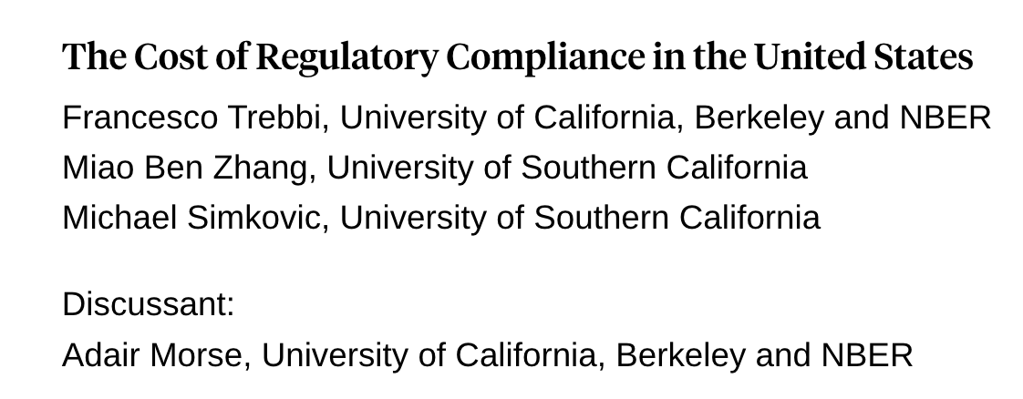 It's the third and final week of the <a href="/nberpubs/">NBER</a> Summer Institute 2024. Tomorrow at 8am ET there will be a discussion of the cost of #regulatorycompliance in the United States with Adair Morse and @xftrebbi of <a href="/BerkeleyHaas/">Haas School of Business</a> and <a href="/rainozhang/">Miao Ben Zhang</a> and Michael Simkovic of @usc.