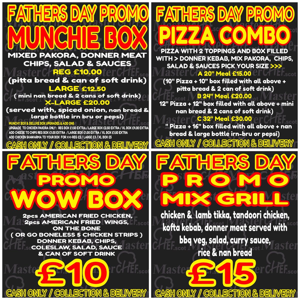 masterchef_scot's tweet image. Feed your DA !!! CASH IS KING FATHERS DAY PROMO DEALS
Deals grab a munch from the sensational deals Collection or Delivery by calling the shop directly 01418807766 CASH ONLY DEALS  (when placing the order you will have to mention PROMO) T&amp;amp;C