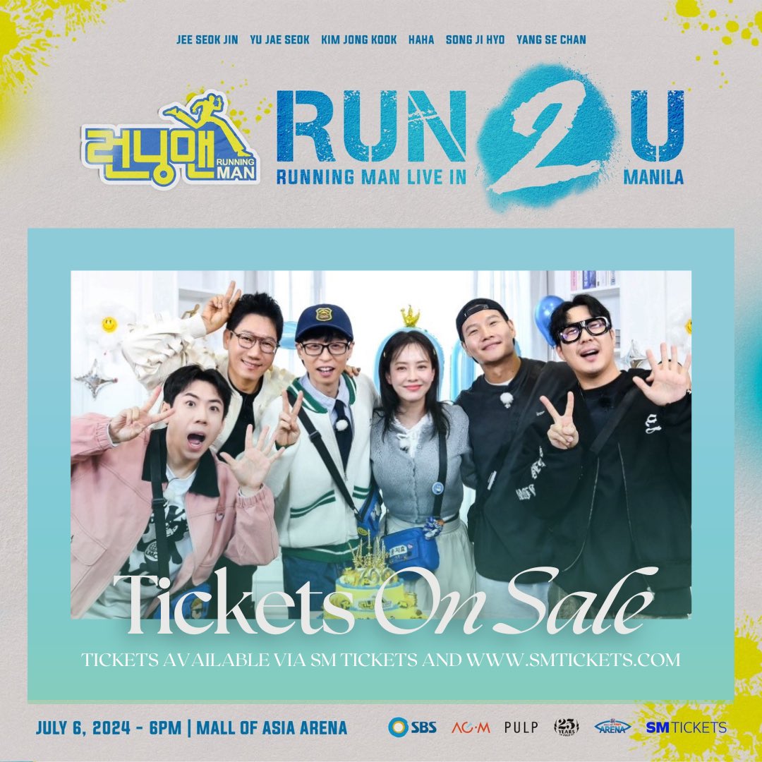 philconcerts's tweet photo. TICKET SELLING DAY: Tickets for the RUNNING MAN "RUN 2 U" IN MANILA will be available today, June 16, at 12PM via SM Tickets outlets and online 🎫

#RUN2UinMANILA is happening on July 6, 2024, at the MOA Arena! 

#RUNNINGMANinMANILA2024 by @pulpliveworld https://t.co/Esz7Bvw2AM
