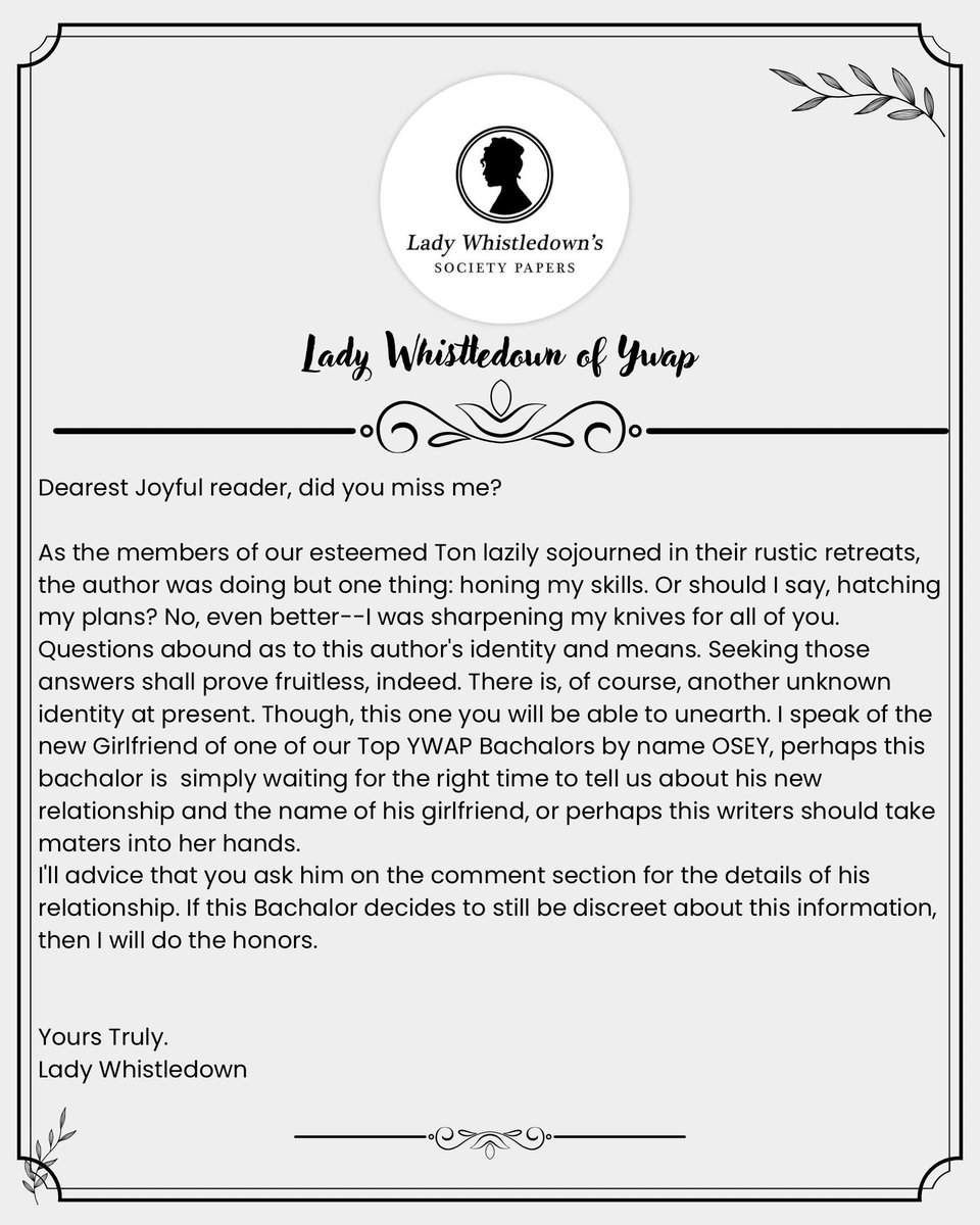 LADYWHISTLE111's tweet photo. Dearest Joyful readers, did you miss me?
@BCHypeTeam @oshey_mahn @word_abba @nenkinan_deshi @CridKore @ClemzyBoss @aiken_voka @YWAPhq @arbee_olah @Chapta5iveLaban @nattyprofficial @hyel_adzira @Peace_Amaugo @MOP_the_poet @Esmo_Lavida @SoulFlameNG @FavourofYwap https://t.co/aZVQan1qJF
